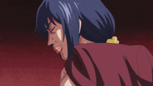 a drawing of a woman with blue hair and a red jacket
