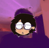 a cartoon drawing of a person 's head with glasses and a purple background