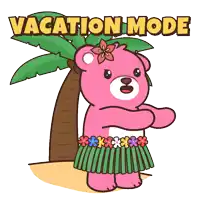 a cartoon illustration of a teddy bear wearing a hula skirt with the words vacation mode written above it