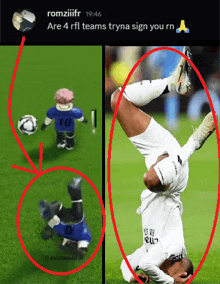 a soccer player is doing a handstand in front of a soccer ball