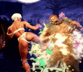 a woman in a bikini kicking a man in the face