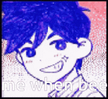 a drawing of a boy with blue hair and the words " me when bee "