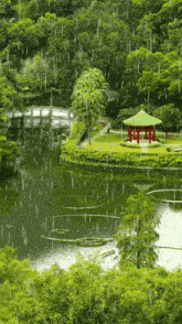 a pond with a gazebo in the middle of it and rain falling