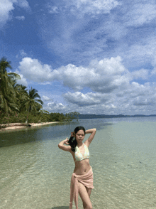 a woman in a bikini stands in the water