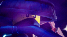 a close up of a lego ninjago character 's face with a purple background