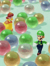 a mario and daisy are surrounded by bubbles of different colors