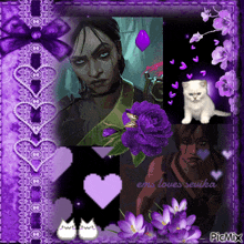 a picture of a woman with purple flowers and hearts with the words ems loves sevika on the bottom
