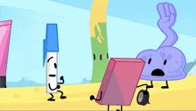 a group of cartoon characters including a marker and a box are standing next to each other