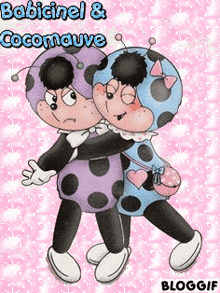 a cartoon of two ladybugs hugging each other with the words babicinel & cocomauve written on the bottom