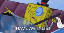 spongebob squarepants is wearing a top hat and holding a mop while sitting on a couch .