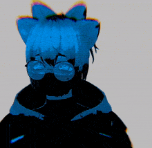 a drawing of a girl with blue hair wearing glasses