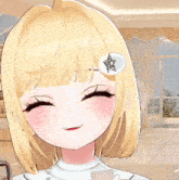 a close up of a girl 's face with a star on her hair