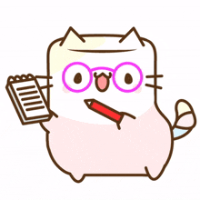 marshmallow cat pink and white glasses taking notes
