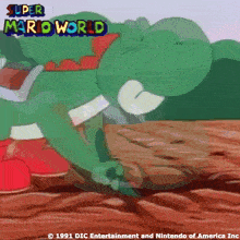 a super mario world advertisement with a yoshi character