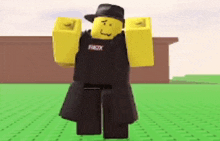 a roblox character wearing a black hat and a black coat is standing in a field .