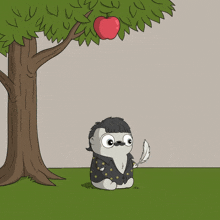 a cartoon drawing of a man with a mustache holding a feather and an apple in his hand