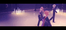 three anime characters are dancing on a stage