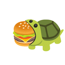 a green turtle is eating a hamburger with cheese