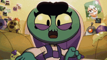 a cartoon character is sitting on a couch with his mouth open