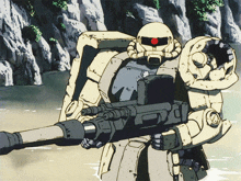 a robot with a red eye is holding a large rifle