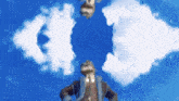 a man in a suit stands in front of a blue sky with white clouds