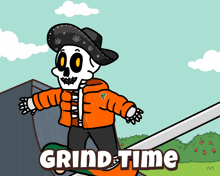 a cartoon of a skeleton riding a skateboard with the words grind time below it