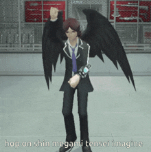 a video game character with black wings and the words hop on shin megami tensei imagine below him