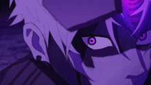 a close up of a person 's face with a purple eye
