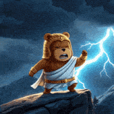 a cartoon of a teddy bear in a toga standing on a rock with lightning behind him
