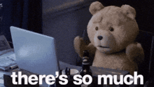 a teddy bear is sitting in front of a laptop with the words there 's so much written below it .