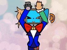 a cartoon drawing of a person with a blue face and a bow tie