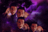 a group of men with glasses are screaming in a purple space