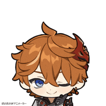 a cartoon drawing of a boy with orange hair and blue eyes with chinese writing on the bottom