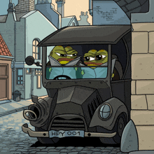 a cartoon of two frogs in a car with the license plate hpy001