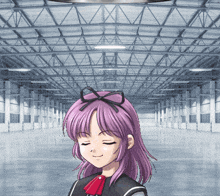 a girl with purple hair and a bow on her head is smiling