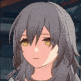 a close up of a girl 's face with long grey hair