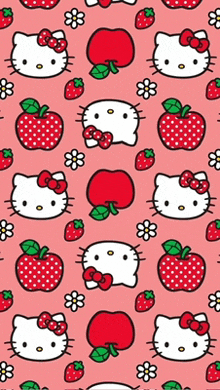 a pattern of hello kitty faces and apples with strawberries on a pink background