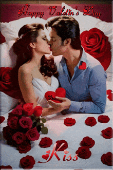 a happy valentine 's day card with a man and woman kissing on a bed