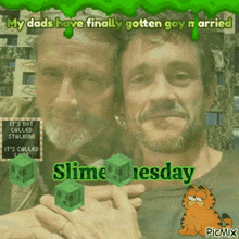 a picture of two men with the caption " my dads have finally gotten gay n arrived slime tiesday "