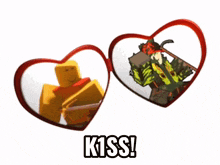 two heart shaped mirrors with a robot and a samurai inside of them and the words kiss on the bottom