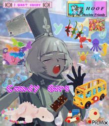 a picture of a girl surrounded by toys with the words candy girl on it