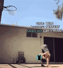 a man is doing a trick in front of a basketball hoop with the words wild accuracy perfect snacho can 't miss