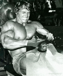 a black and white photo of arnold schwarzenegger cutting a monkey 's head