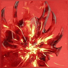 a close up of a red flower with flames coming out of it on a red background