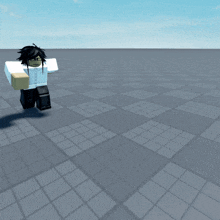 a person in a white shirt and black pants is standing on a gray tiled floor
