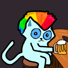 a cartoon of a cat with a rainbow mohawk holding a mug of beer