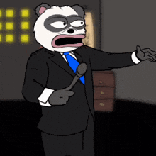 a cartoon panda bear in a suit and tie holding a microphone