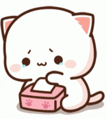 a cartoon cat is sitting next to a box of tissues and crying .