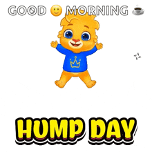 a cartoon lion wearing a blue shirt with a crown on it is jumping in the air with the words good morning wednesday