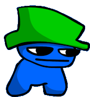 a blue cartoon character wearing a green top hat and sunglasses